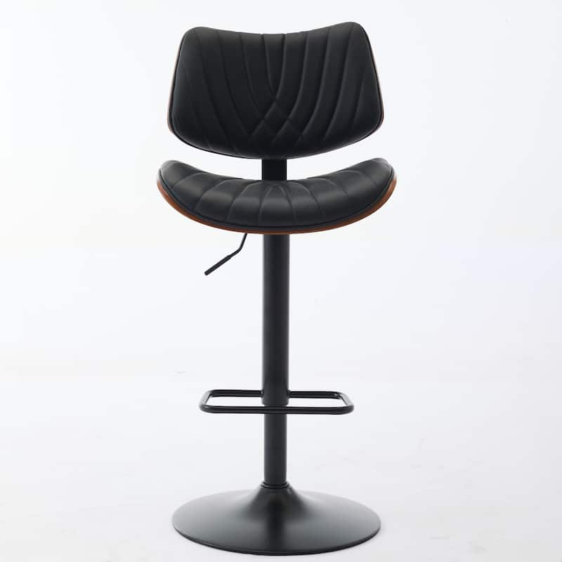 Walnut Bentwood Bar Stools Mid Century Modern Adjustable Counter Height Black Leather Upholstered 360°Swivel Bar Chairs - Black