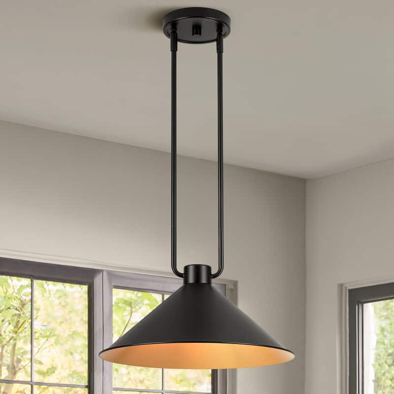 1-Light Vintage Industrial Black and Gold Interior Metal Cone Pendant Light with Adjustable Rods - 15.75 in. W x 7.48 in. H - 15.75 in. W x 7.48 in. H - Black