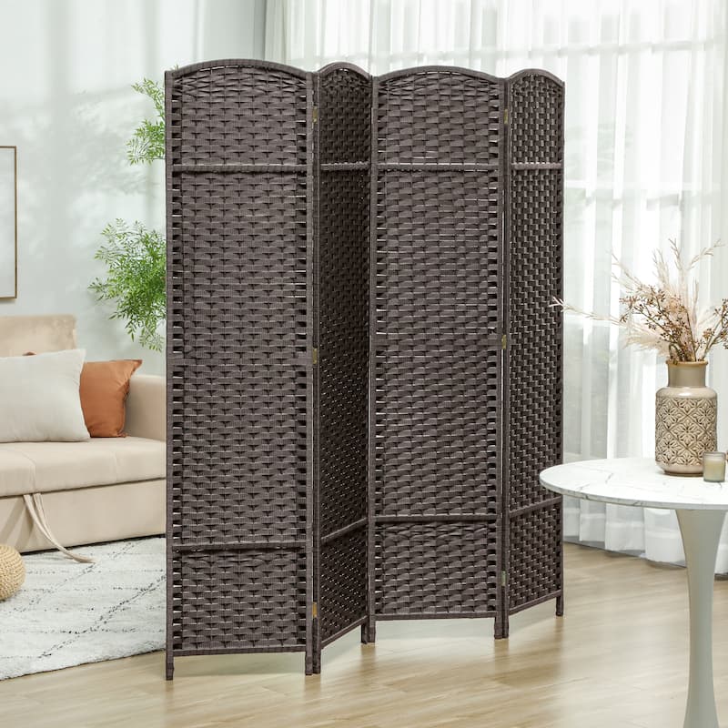 Polypropylene Pine Wood Weaving Room Divider with Arched Top - 4-panel - Brown