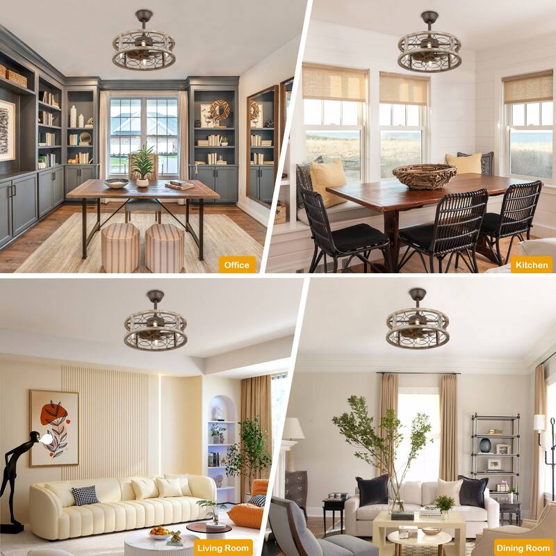 Oaks Aura 18" Farmhouse Solid Wood Reversible Ceiling Fan with Remote, Silent Motor 6-Speed Caged Ceiling Fan with Light