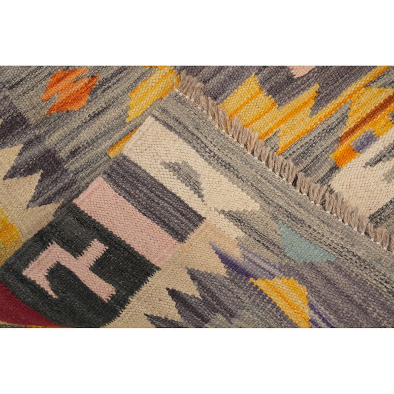 Hand Woven Oriental 100% Wool Carpet Southwestern Tribal Greys & Charcoal Kilim Runner Rug - 11' 9'' X 2' 10''