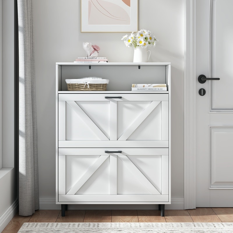 Farmhouse Shoe Storage Cabinet with Barn Door Design 2 Flip Drawers Freestanding Narrow Shoe Rack Cabinet Bed Bath Beyond 41528713