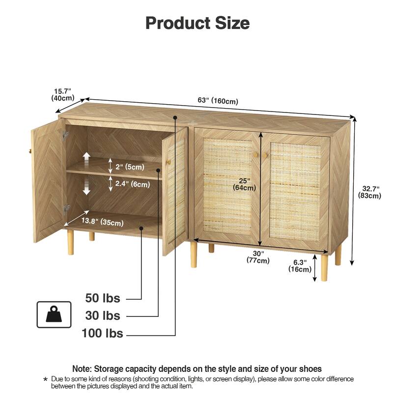 Anmytek Modern 63" W 4-Door Large Sideboard Buffet Rattan Kitchen Storage Cabinet with Adjustable Shelves
