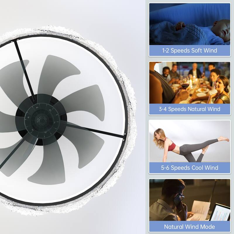 24" Quiet Ceiling Fan with Light - LED Crystal Flush Mount Fan Lamp with Hidden Blades and Natural Airflow - Black