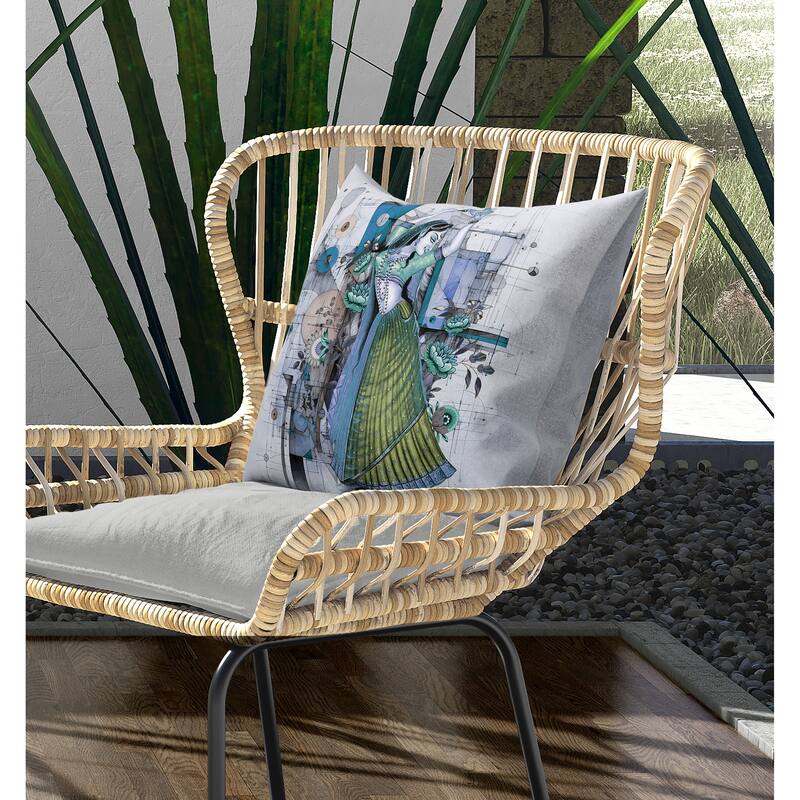 Gracefully Dancing Woman Indoor/Outdoor Reversible Throw Pillow Green and Blue