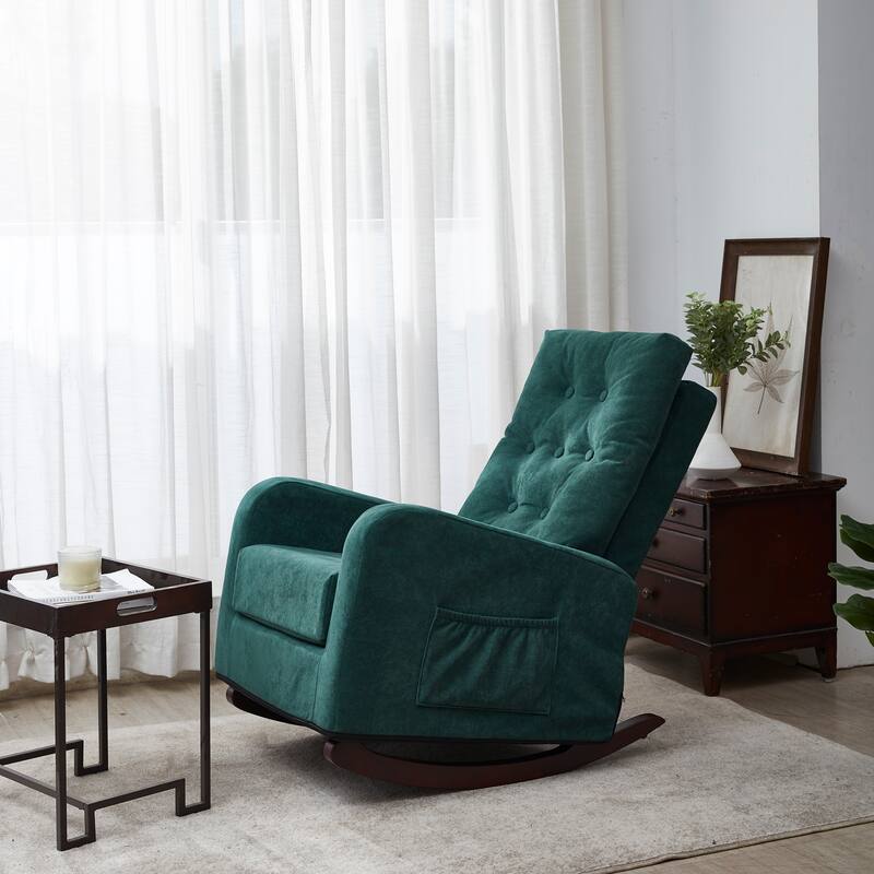 Modern 28.74" High Back Upholstered Buttons Tufted Rocking Chair with Solid Wood Legs and Side Pocket - Antique Green