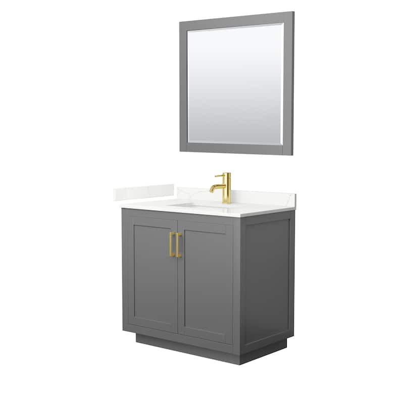 Miranda 36-inch Single Vanity, Quartz Top, 34-inch Mirror - Dark Gray, Gold Trim, Giotto Quartz Top