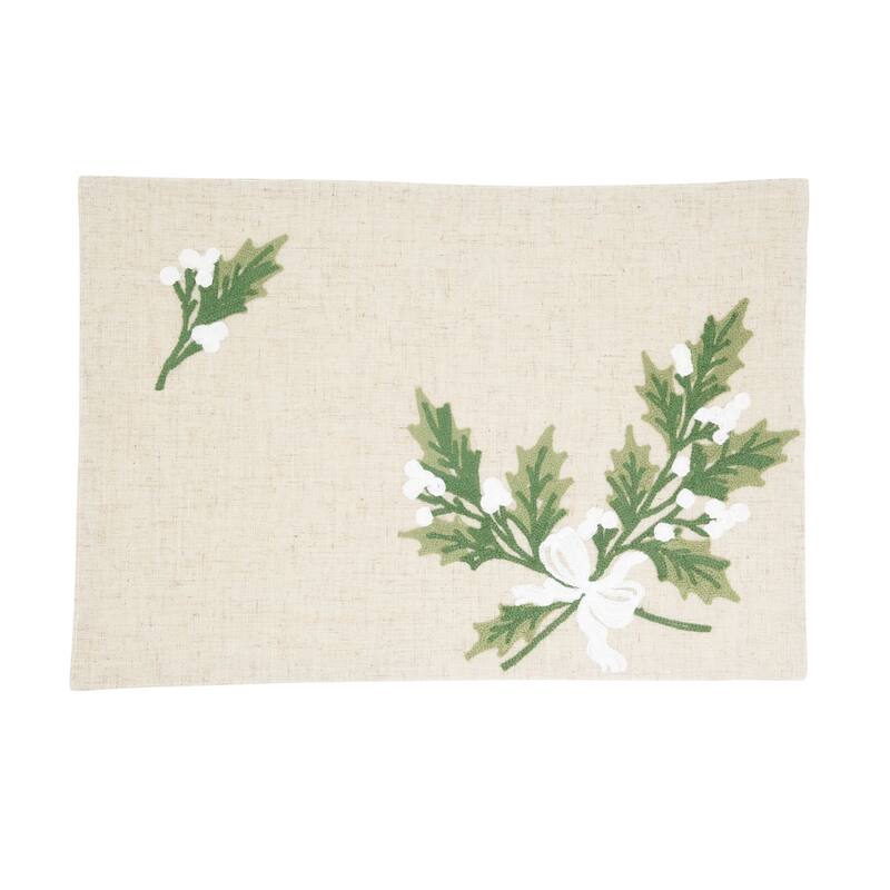 Linen Blend Holly Leaves Placemat (Set of 4) - 13"x19" - Natural - Set of 4 - 13"x19"