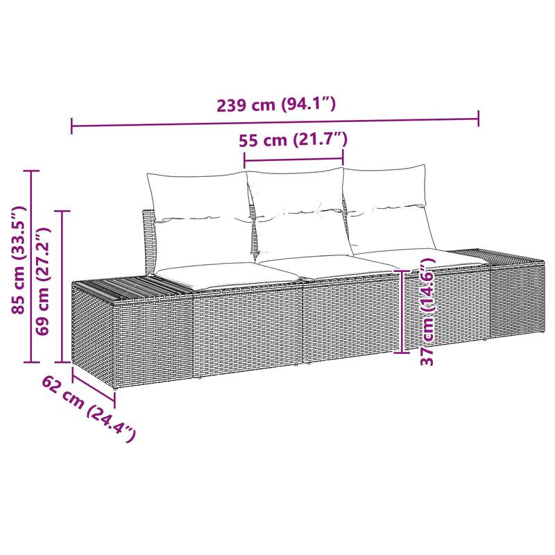 vidaXL 3 Piece Garden Sofa Set with Cushions Black Poly Rattan - 94 x 24 x 46 in