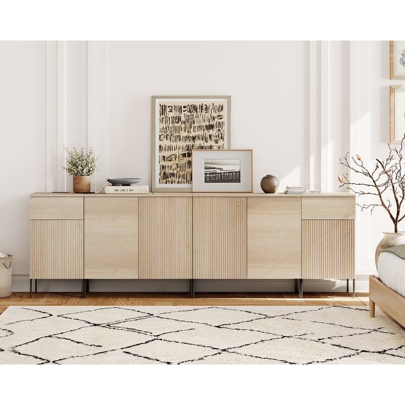 94.5" Modern Wood Reeded Dresser With Doors, Minimalist Dresser Organizer Storage With Charging Station - Beige