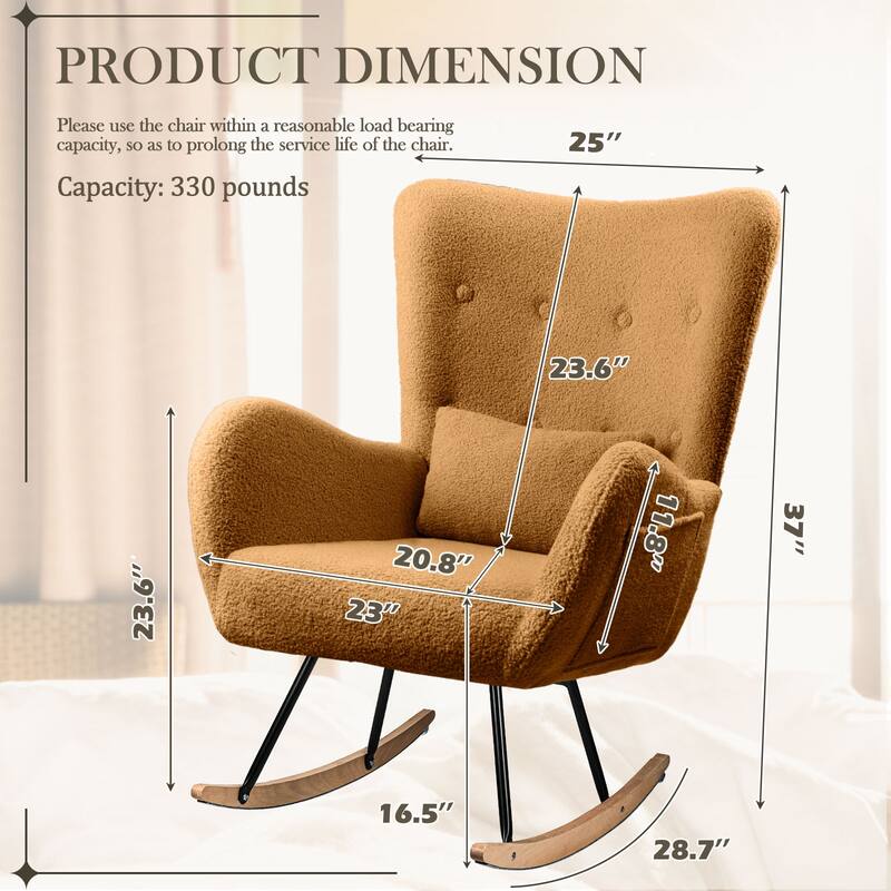 BOSSIN Teddy Fabric Nursery Rocking Chair with Side Pocket, High Backrest Accent Chair with Padded Seat and Headrest
