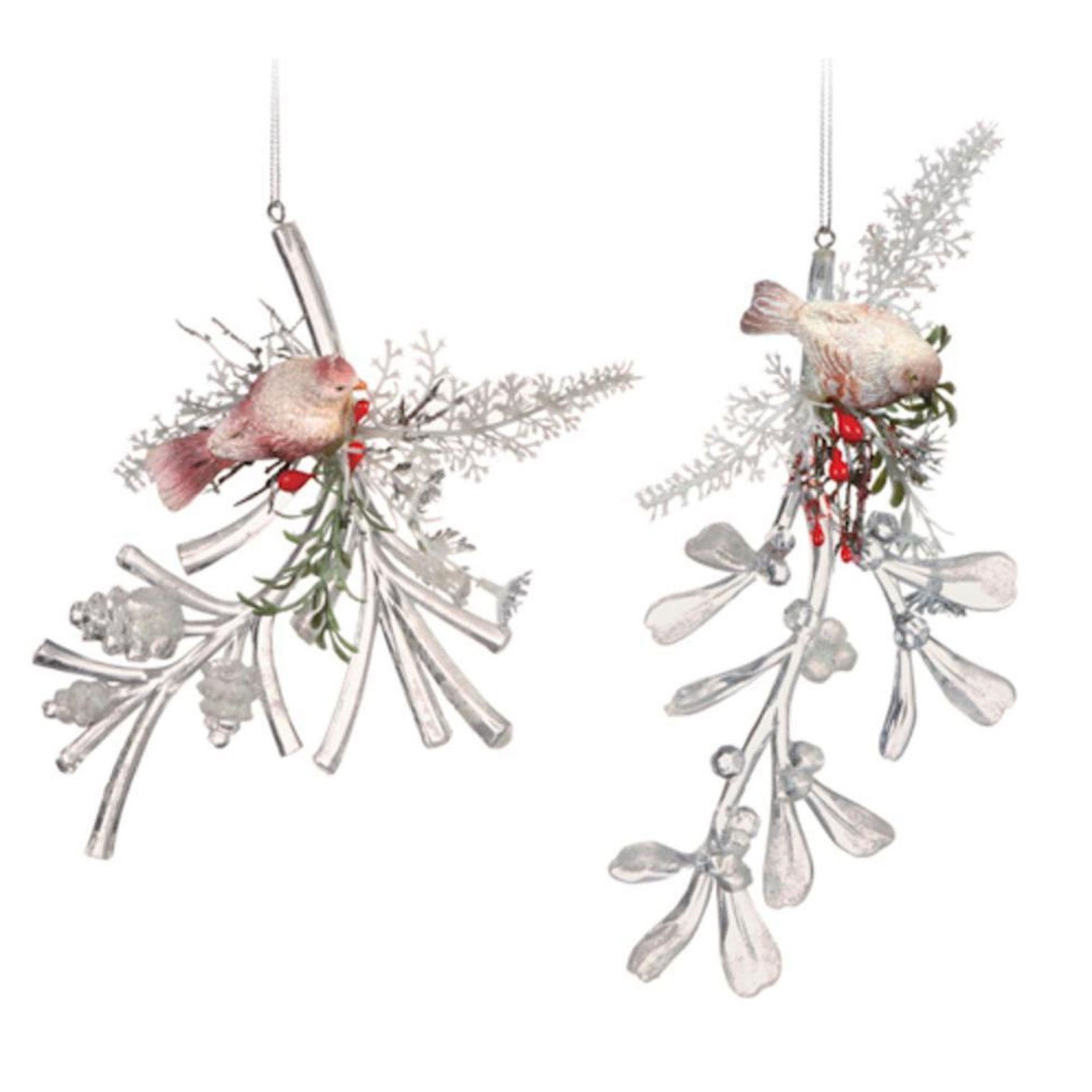 4 Icy Crystal Decorative Christmas Bird on Branch Ornaments 6