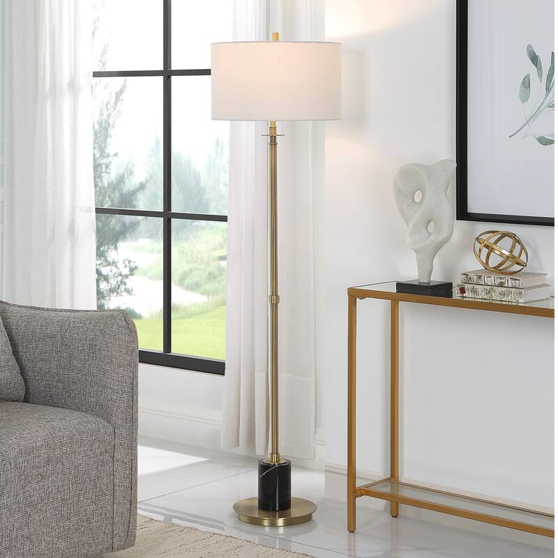 Marble Floor Lamp with Round Drum Shade - 65" - Antique Brass Finish
