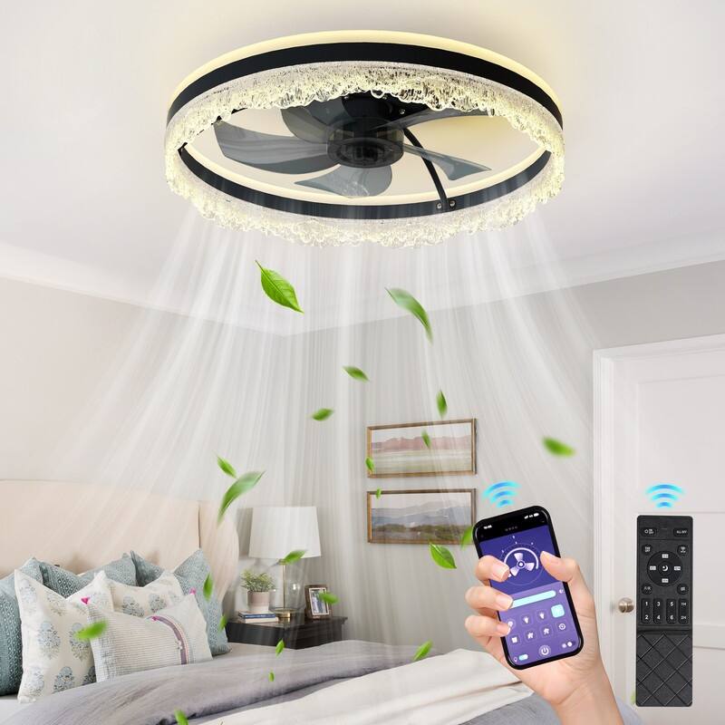 Smart Silent LED Ceiling Fan with Light Crystal Flush Mount, Hidden Blades - 20-Inch 