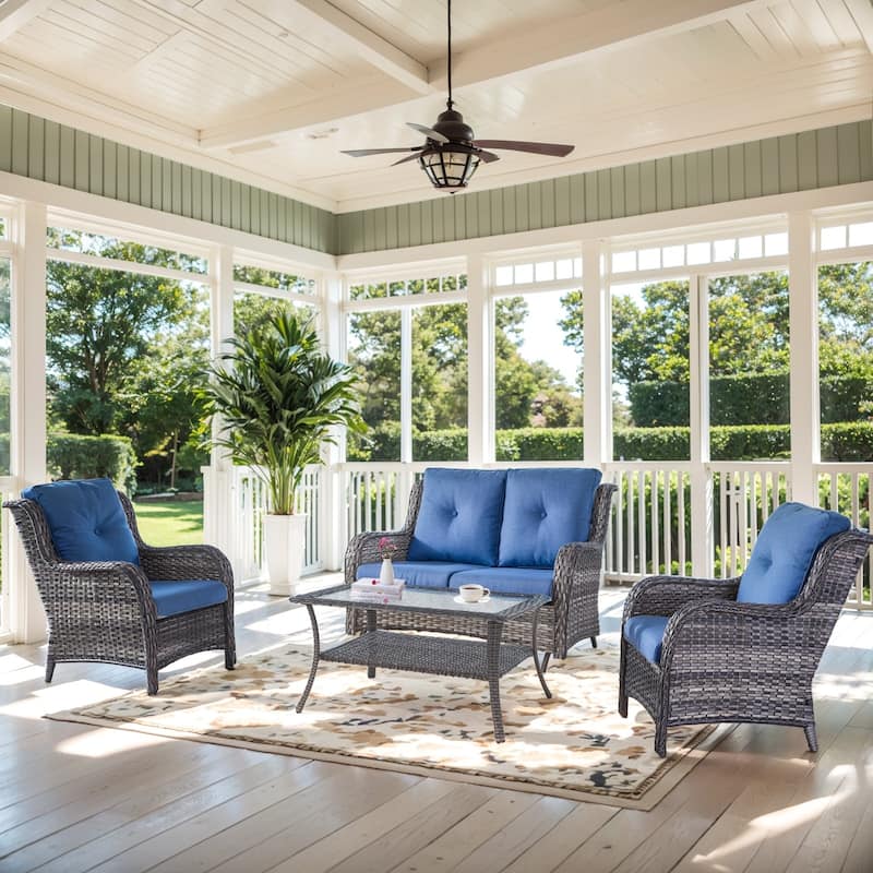 Outdoor Glider Sofa Funitre Set - Grey Rattan - Blue Cushion - 4PCS Sofa with Patio Chair Table