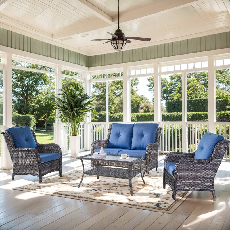 Patio Club Chair with 2 Seater Wicker Sofa - Blue - Grey