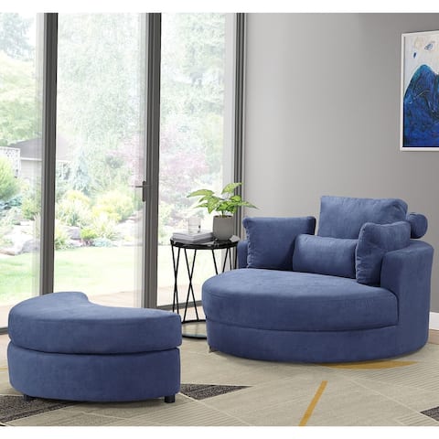 Swivel Accent Barrel Modern Blue Sofa Lounge Club Big Round Chair with Storage Ottoman Linen Fabric