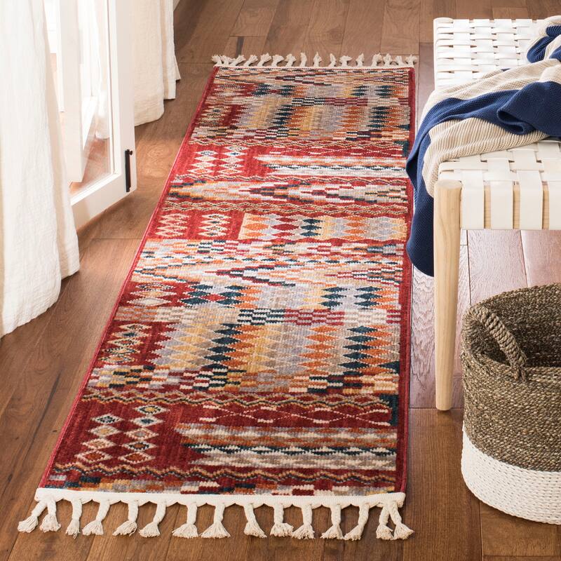SAFAVIEH Farmhouse Avine Boho Tribal Polyester Rug - 2'1" x 8' Runner - Navy/Red