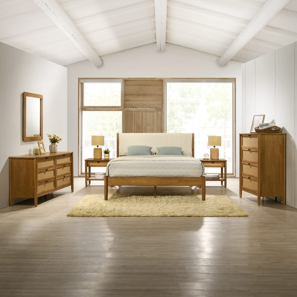 Roundhill Furniture Vichy 6-Piece Rattan Bedroom Set with Upholstered Bed, Dresser, Mirror, 2 Nightstands, and Chest