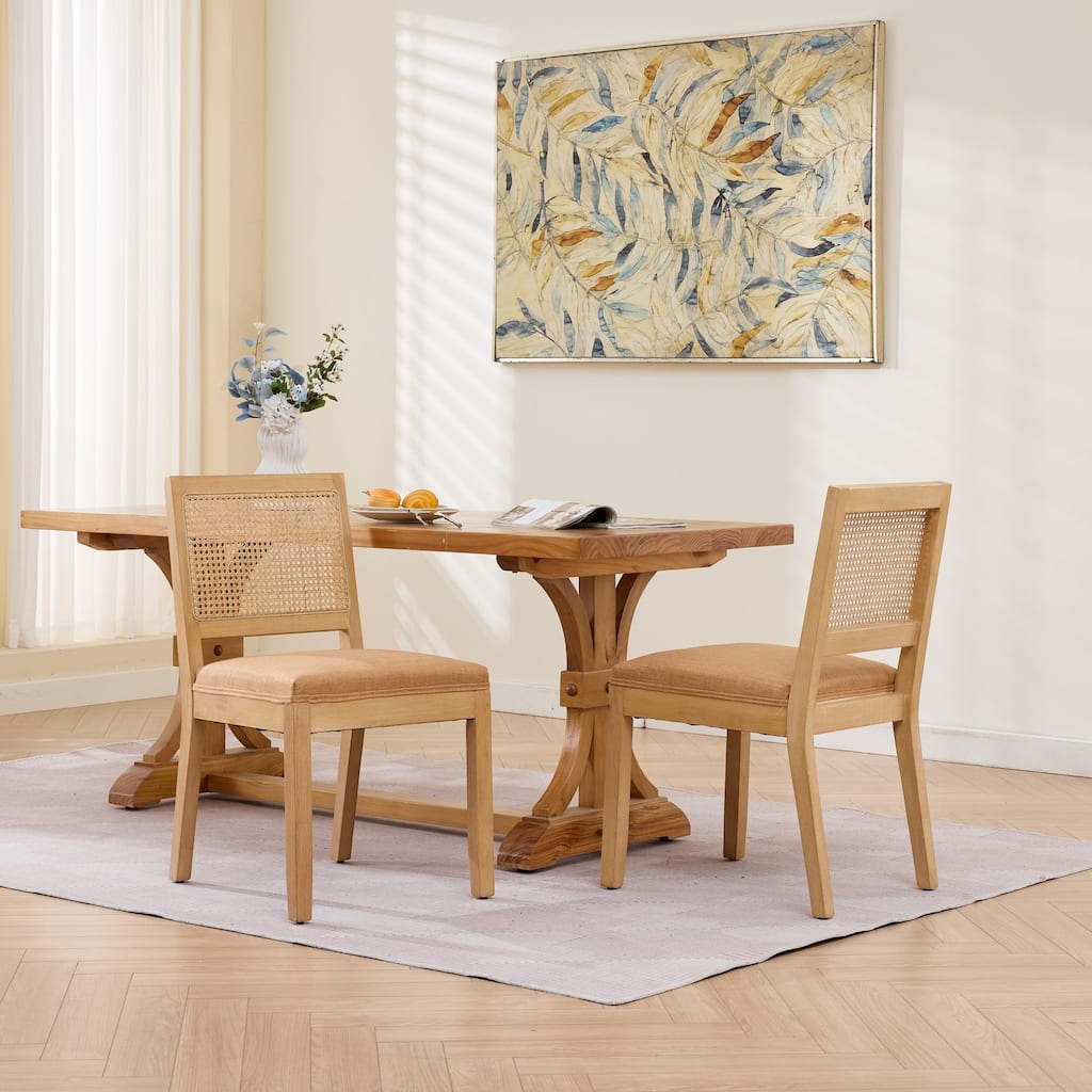 Farmhouse Rattan Dining Chairs Set of 2, Cane Upholstered Kitchen Side Chair with Natural Hardwood Frame