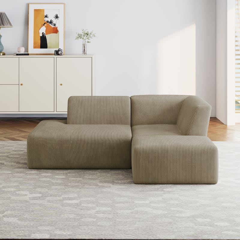 Modular All-Foam Corduroy Compression Sofa With Ottoman - Khaki-3 Piece - Right Facing