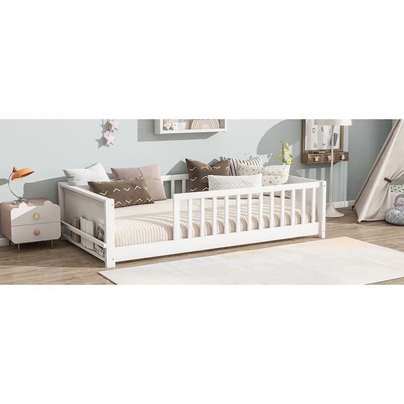 Roomfitters Twin Floor Platform Bed with Built-in Book Rack, Rubber Wood Frame, Low Profile Design with Guardrails