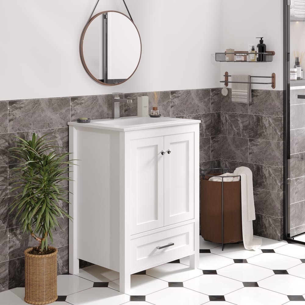 EROMMY All-in-One Bathroom Vanity with Ceramic Sink, Soft-Close Storage Cabinet & Drawer, Glossy Countertop, White