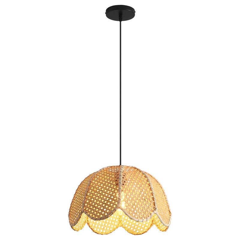 1-Light Farmhouse Flower Shaped Brown Hand-Woven Natural Rattan Hanging Pendant Light - 15.7" W x 55" H