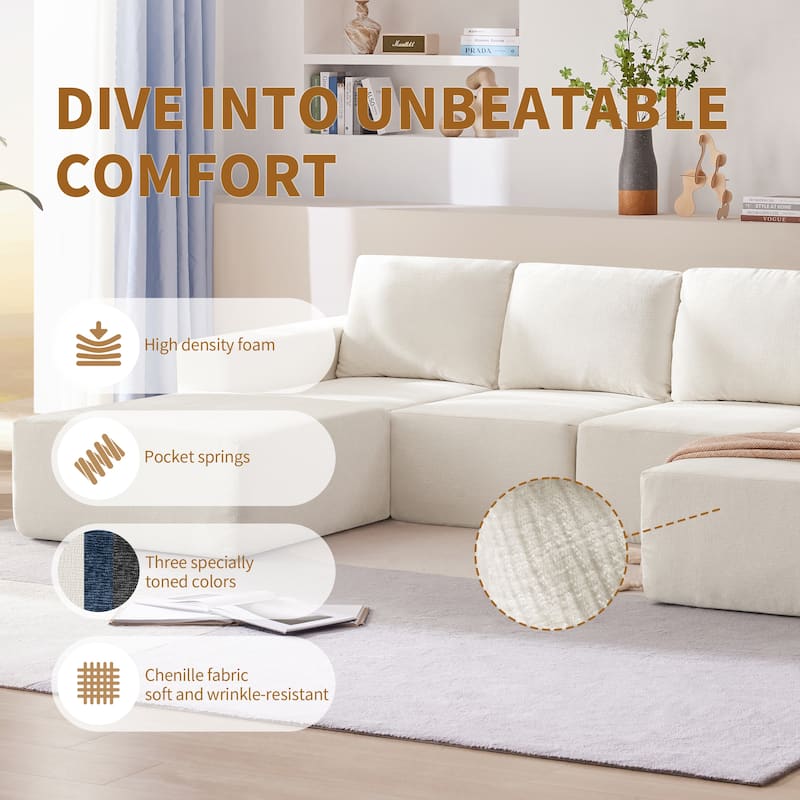Modular U-Shaped Sectional Sofa with 2 Ottomans, Chenille Cloud Floor Couch, Fully Compressed Upholstered Sofa