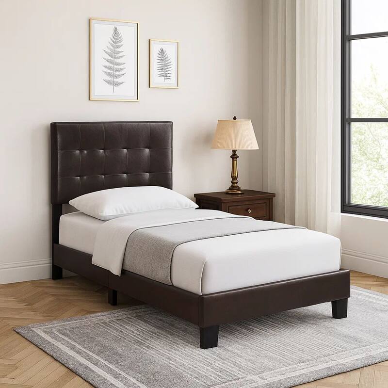 Full Leatherette Bed with Checkered Tufted Headboard, Dark Brown