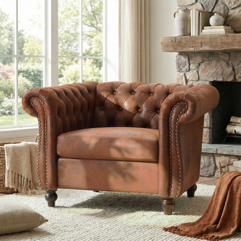 Christopher Knight Home - Silverdale Traditional Chesterfield Club Chair - Cognac Brown + Dark Brown