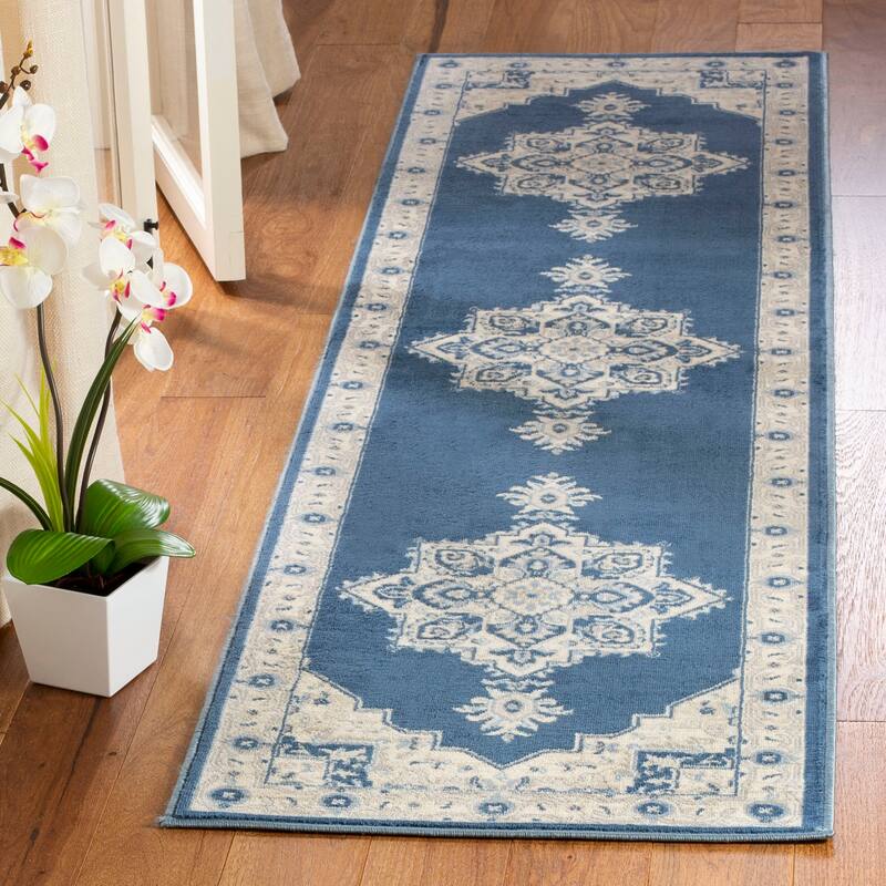 SAFAVIEH Brentwood Clara Traditional Oriental Medallion Rug - 2' x 16' Runner - Navy/Cream