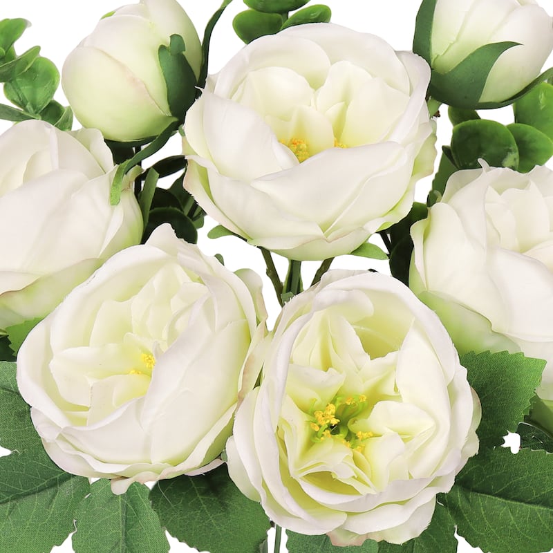Set of 4 Cream White Artificial Cabbage Rose Flower Stem Bush Bouquet 13in - 13" L x 8" W x 8" DP