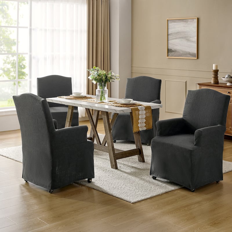 Alethea Upholstered Slipcover Arm Dining Chair with Soild Wood Legs Set of 4 by HULALA HOME - Charcoal