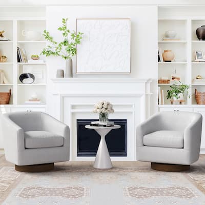 Modern Upholstered Accent Chair Fabric 360° Swivel Barrel Set of 2 Armchair Wood Frame