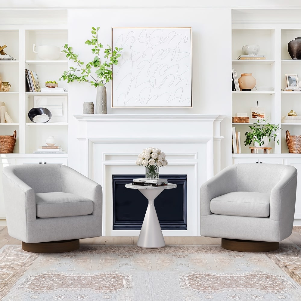 Modern Upholstered Accent Chair Fabric 360° Swivel Barrel Set of 2 Armchair Wood Frame