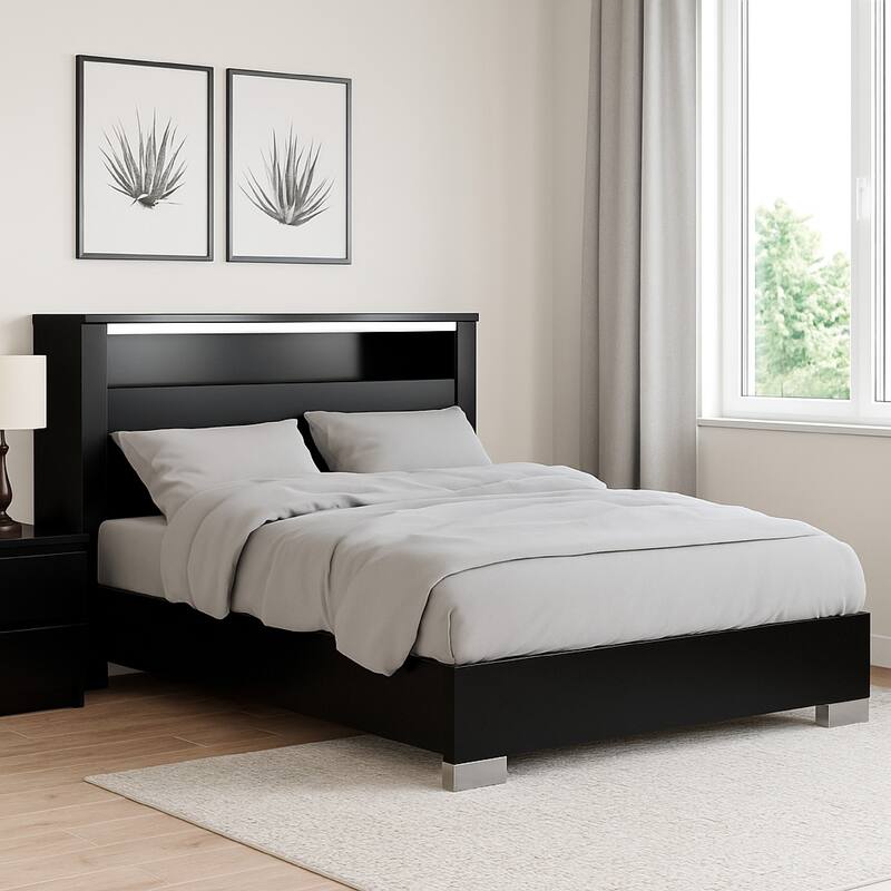 Cari Queen Size Bed, LED Bookcase Headboard, Black and Chrome