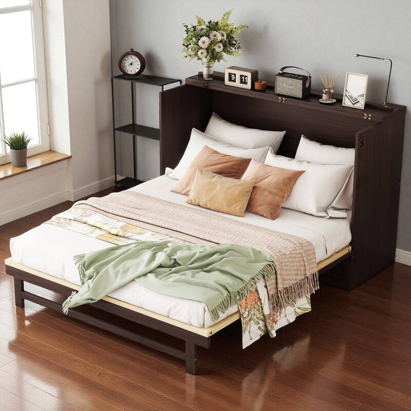 Queen Size Pine Wood Murphy Bed Cabinet with Rattan Front Panel, Foldable Bed with Storage Drawer and Sturdy Platform