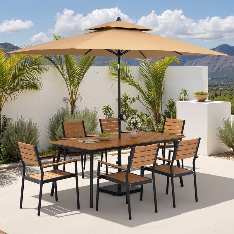 9PC Outdoor Patio Dining Set Aluminum Table with Stackable Armchairs w/ Premium Market Umbrella Sets - BrownTable&BrownChairs&TanUmbrella