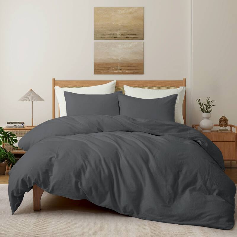 Flax Linen Cotton Blend Duvet Cover Set, Durable, Breathable and Moisture-Wicking, 3 Piece Bedding Set
