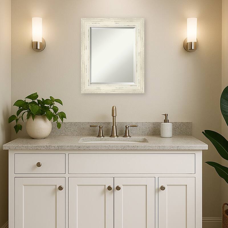 Beveled Wood Bathroom Wall Mirror - Alexandria White Wash Frame