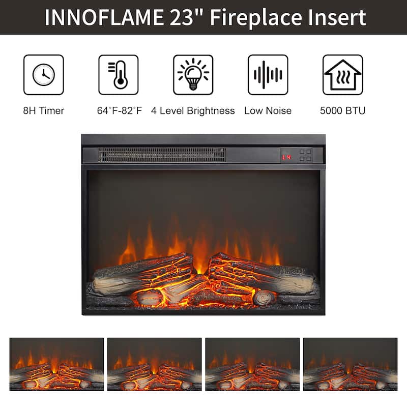 23 inch electric fireplace insert, ultra thin heater with log set & realistic flame, remote control with timer