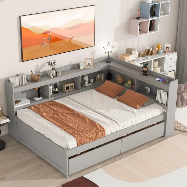 slide 2 of 45, Wood Platform Bed with L-shaped Bookcases and Drawers Full - Grey