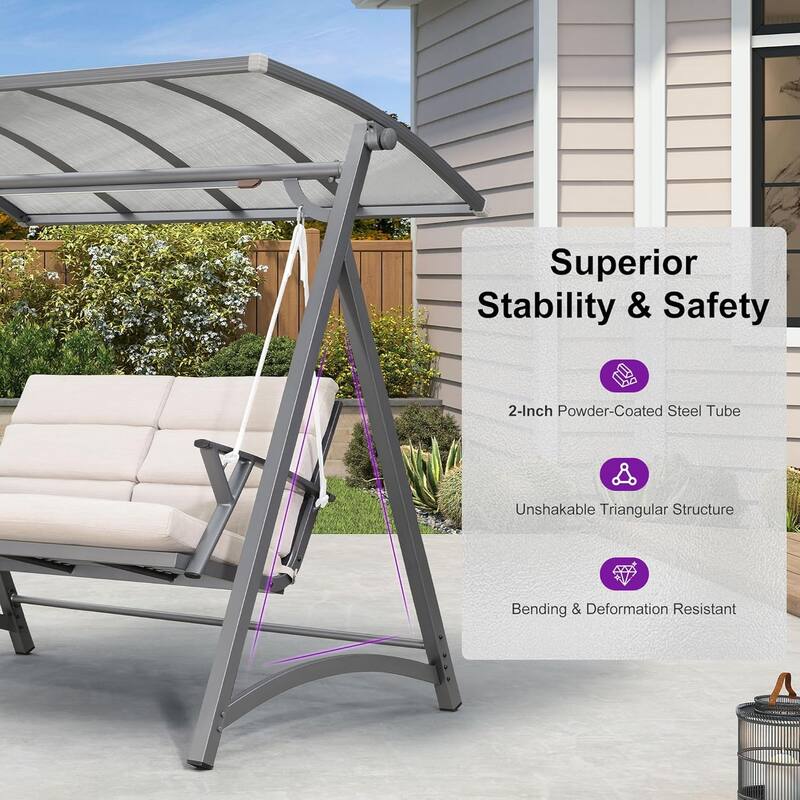 PURPLE LEAF 2-Person Patio Porch Swing with PVC Canopy, Solar LED Lights & Cushions - 2 Seat