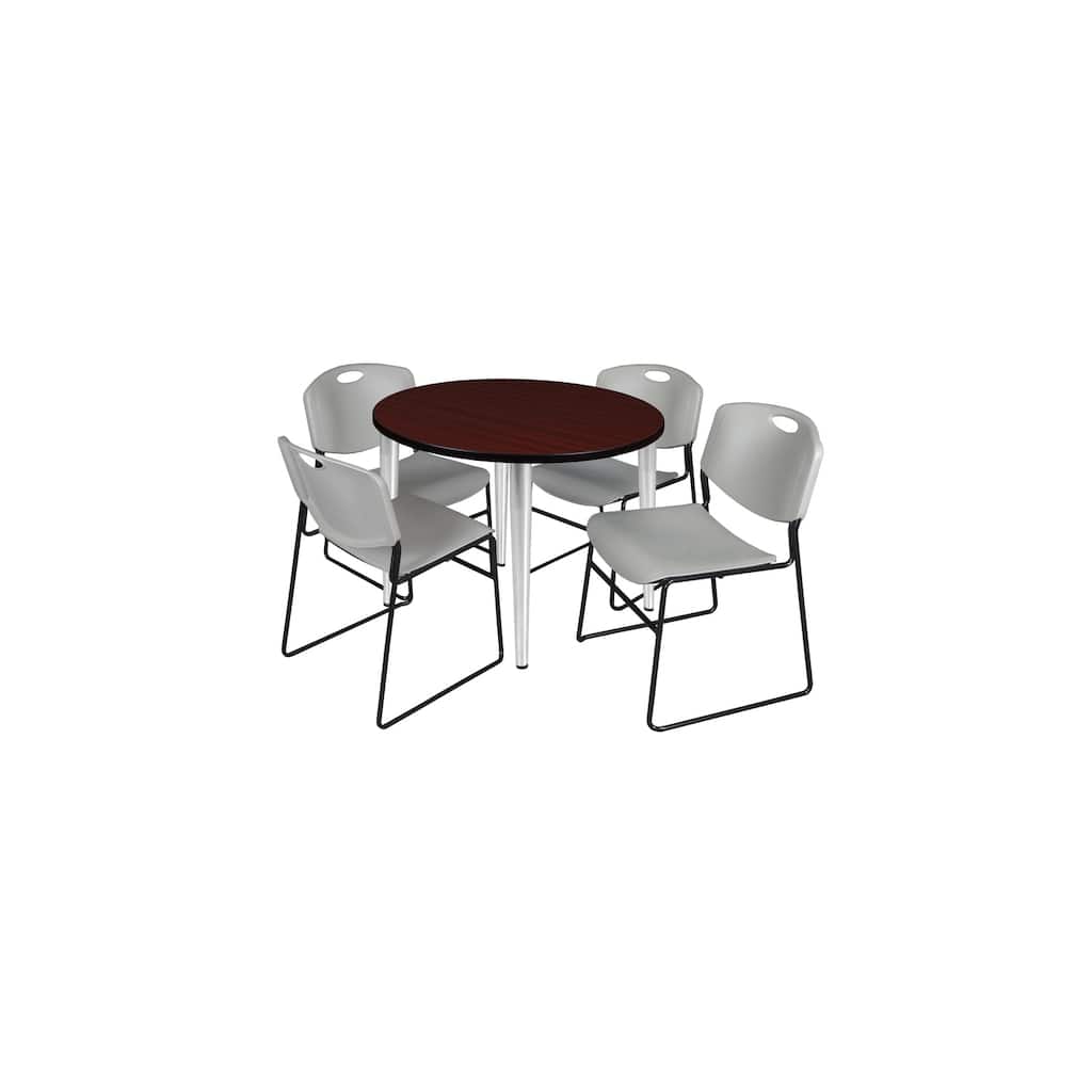 36 in. Round Breakroom Table- Mahogany Top, Chrome Base & 4 Stack Chairs- Grey