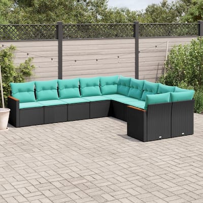 vidaXL 10 Piece Patio Sofa Set with Cushions Black Poly Rattan