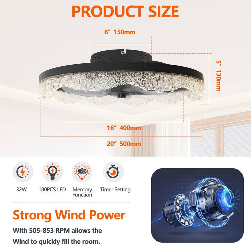 LunaDrift 16"20"24" Modern LED Crystal Black Smart Ceiling Fan with Light, 6-Speed Dimmable Quiet Bedroom Ceiling Fan w/Remote