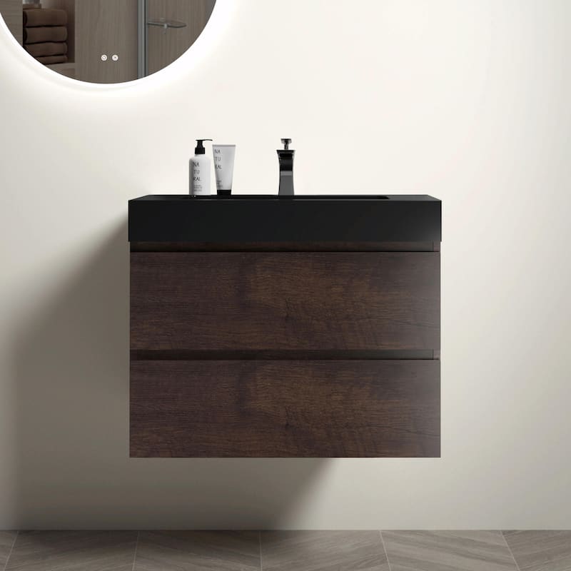 36"/30"/24" Floating Bathroom Vanity with Sink, Wall-Mounted Storage Cabinet - Black+Walnut - 30" Width