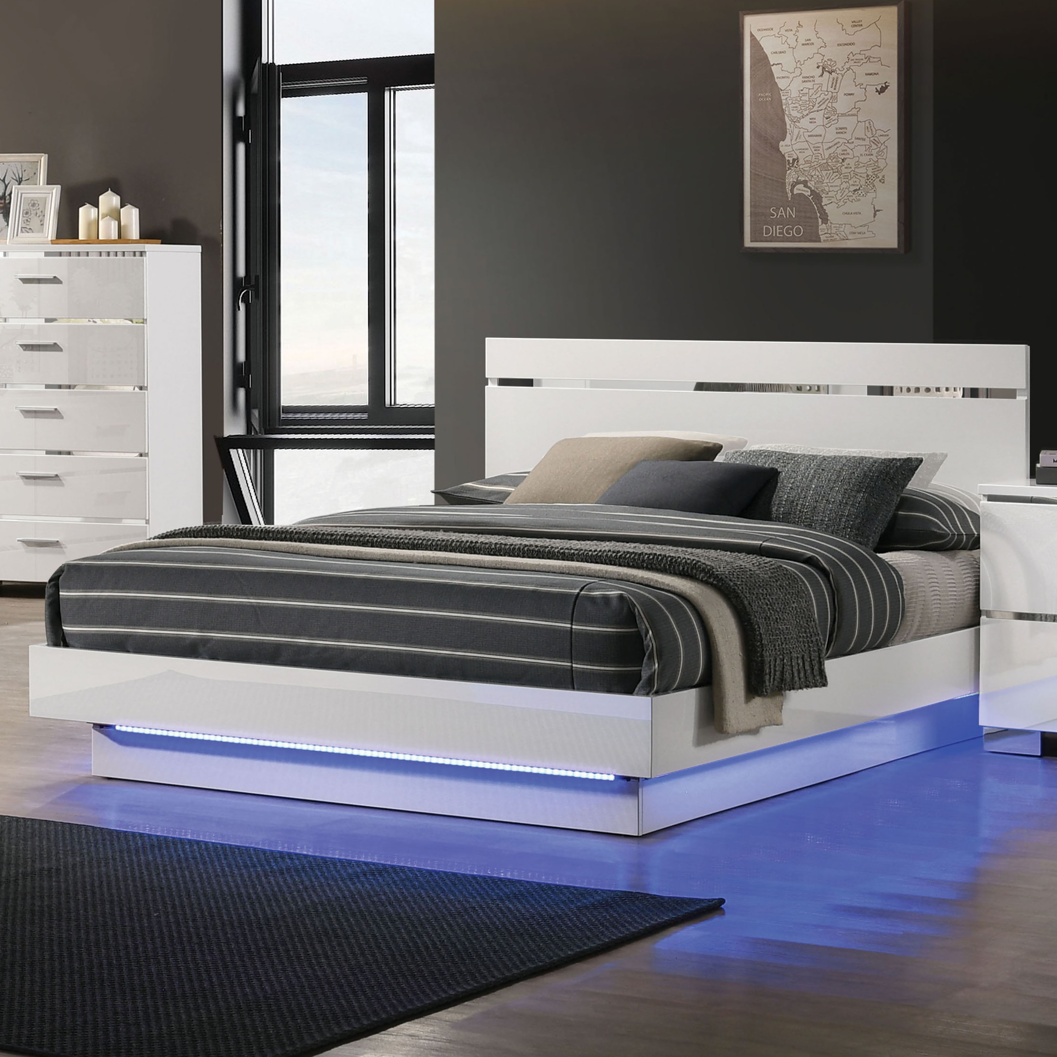Furniture of America Margatta Modern White LED Light Platform Bed