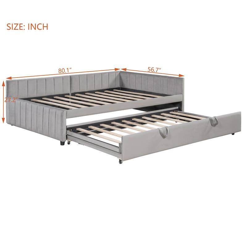 2-in-1 Daybed with Pop Up Trundle Bed, L-Shaped Upholstered Daybed Convertible Platform Bed, Vertical Stripes Frame Sofa Bed
